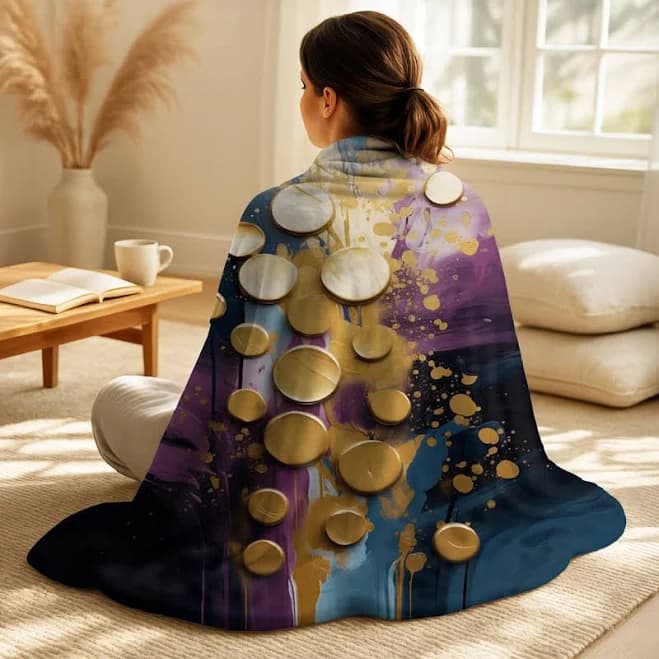 Purple and Blue Realities On Canvas III Abstract Painting Throw Blanket and Pillow Set