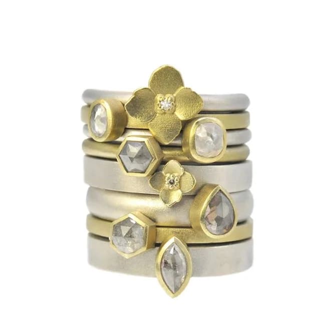 Rebecca Myers Design Gold and Silver Natural Diamond & Flower Stacking Rings