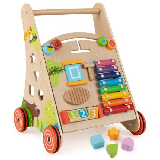 Costway Wooden Push and Pull Baby Walker with Handle and Storage