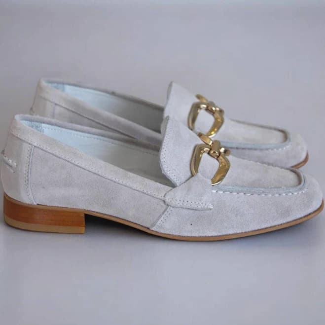 Women's Genuine Suede Leather Loafer Shoes with Gold Buckle