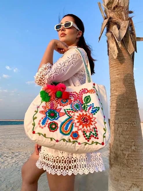 Balinese Hand-Embroidered Artisan Boho Tote Bag with Pompoms