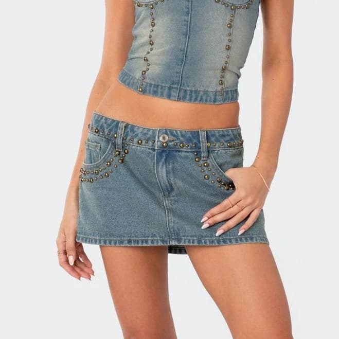 EDIKTED Women's Studded Low-Rise Denim Mini Skirt