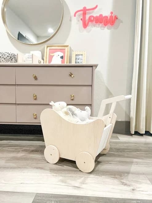 Toddler Pram Wooden Walker Doll Stroller Toy Push Cart Push Wagon for Toddler Bassinet Baby Walker Gift for Toddler Gift for 2 Year Old MADI