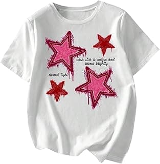Women's Star Graphic Letter Print Tee Tops Casual Crewneck Short Sleeve T Shirt