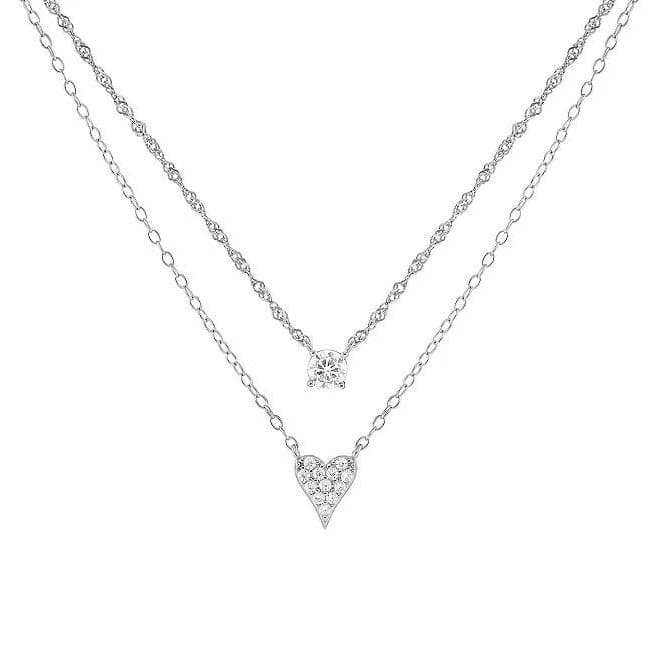 Primrose Women's Sterling Silver Cubic Zirconia Heart Double Layer Necklace