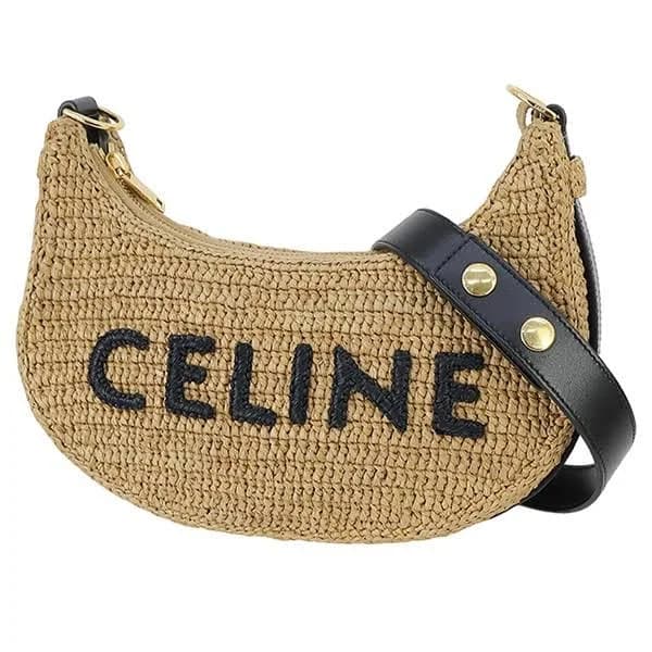 Celine Ava Raffia Leather Shoulder Bag Beige Black Gold Trim