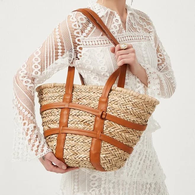 Raffia Woven Leather Tote
