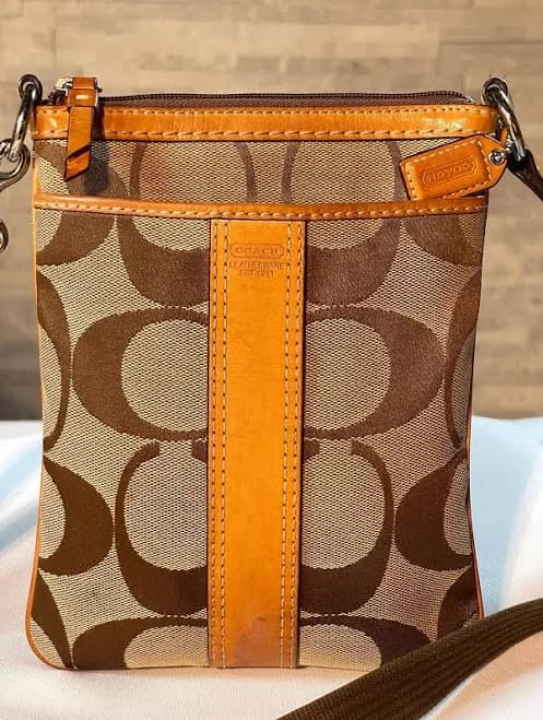 Coach Brown Signature Monogram Crossbody Purse Tan Leather Trim Small Shoulder Bag