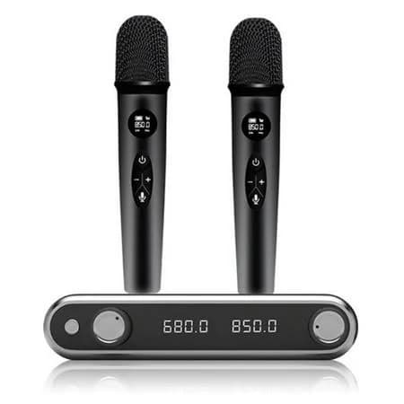 Wireless Microphone System Handheld Dynamic Microphones, Dual Wireless UHF Channels, 330ft Range, Microphone for Karaoke, Gray