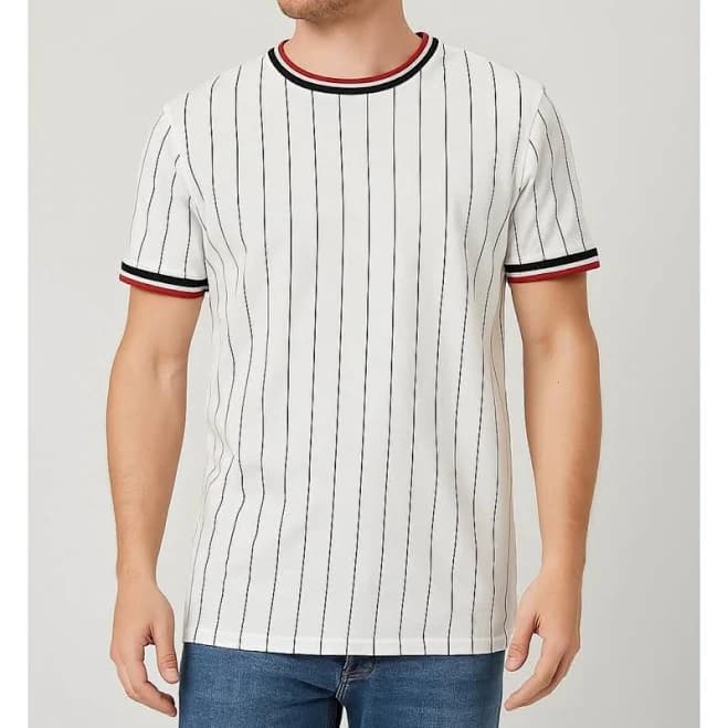 Forever 21 Shirts | Forever 21 Men’s White Pinstripe T-Shirt Size S Black Red Trim Crew Neck Casual | Color: White | Size: S | Sebaxel's Closet