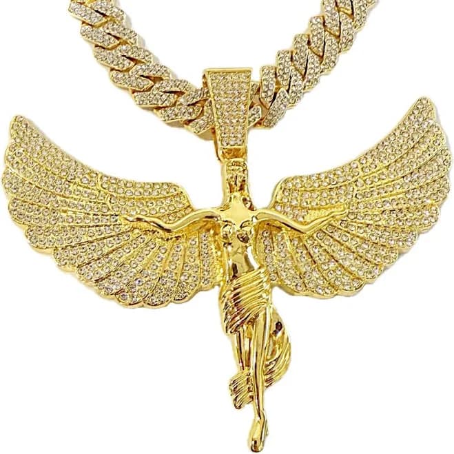 14K Gold Plated Big Angel Wings CZ Chain Necklace, 20"