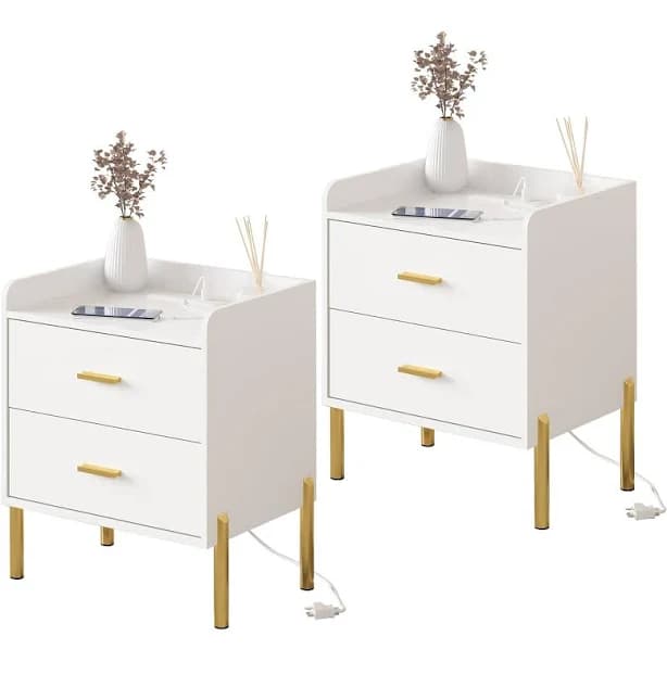 Set of 2 Mid Century Modern Nightstands with Charging Station