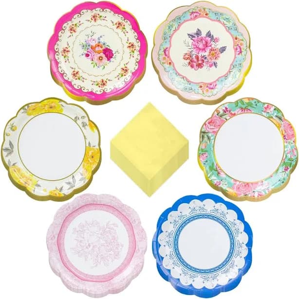 Floral Party Supplies Paper Plates with Scalloped Edge and Yellow Napkins (Serves 24)