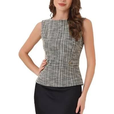 Inspire Chic Women's Sleeveless Plaid Tweed Top