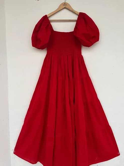 Solid Long Puff Sleeve Shirred Maxi Dress