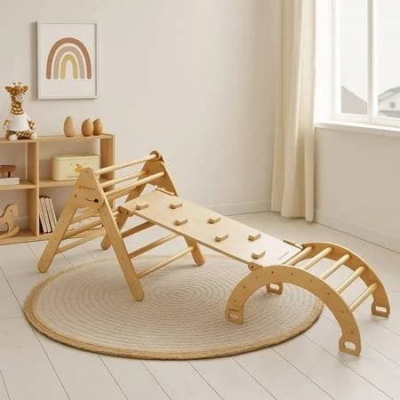 Green Walnut Wooden Pikler Triangle with Slide & Ramp