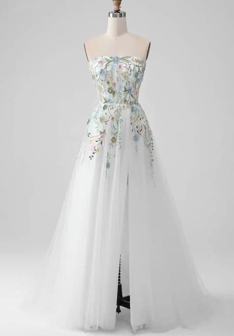 Wedtrend Women's A-Line Embroidery Tulle Wedding Dress with Front Slit