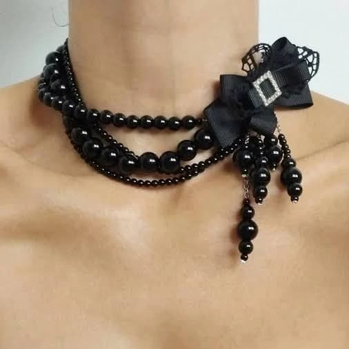 Black Onyx Multi Strand Choker Necklace: Elegant Agate Bead, Handmade in France