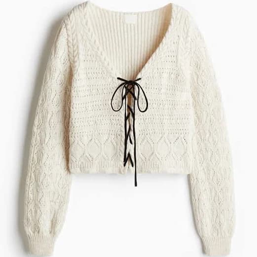 H&M Ladies Pointelle-knit Cardigan with Lacing-Detail
