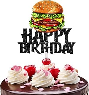 Black Glitter Happy Birthday Hamburger Cake Topper for Delicious Fried Food Theme Party Favors Decorations Men Women Kids Happy Birthday Party Decor Supplies