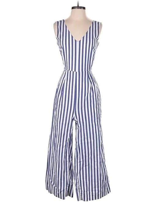 J.Crew Women's V Neck Sleeveless Blue Stripes Pattern Jumpsuit