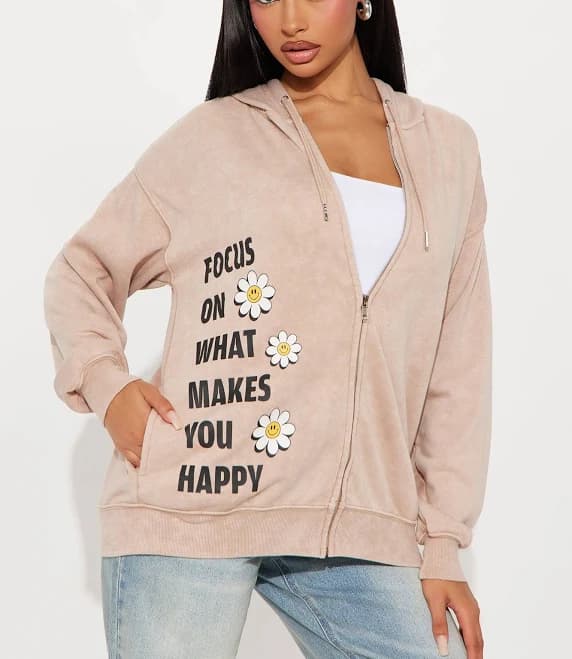 Fashion Nova Women's Focus On Happiness Zip Up Hoodie