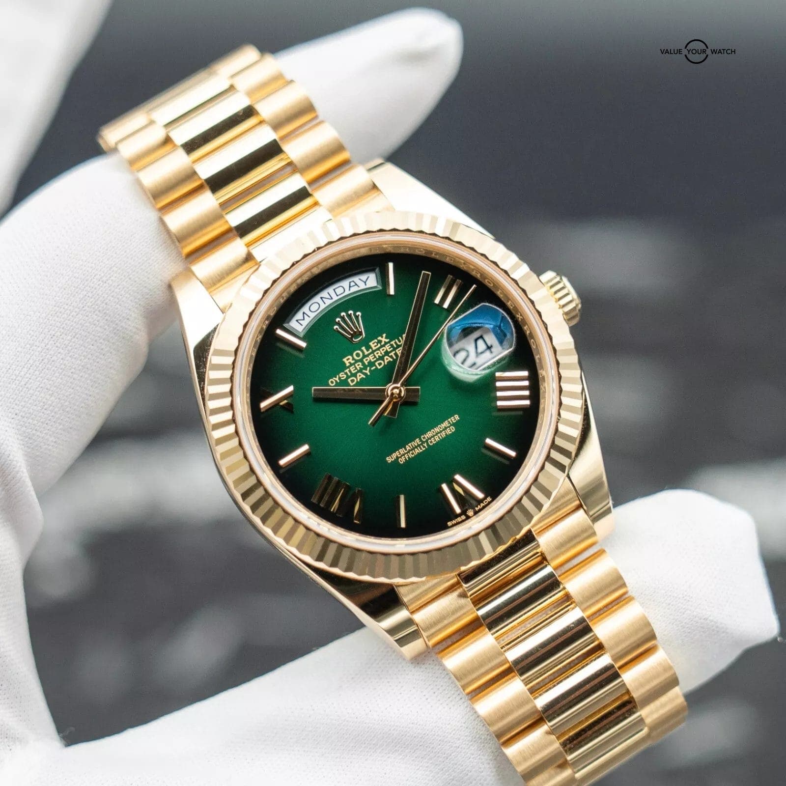 Rolex Day Date 40mm Green Ombré Dial BRAND NEW Stickers 228238 President 2024 | Value Your Watch