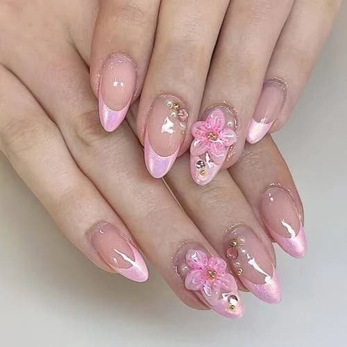 24pcs French Tip Press On Nails With Charms 3d Pink French Pink Flower