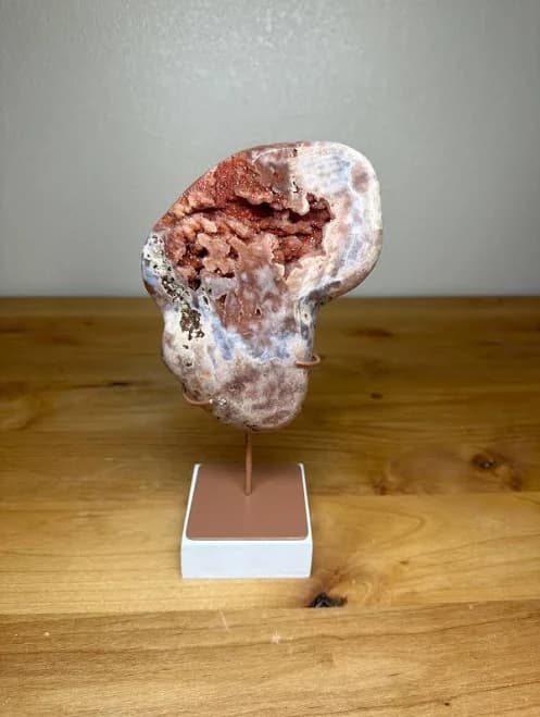 Pink Amethyst Slab with Red Druzy Crystal Geode on Stand - Natural Healing Stone Decor #1151