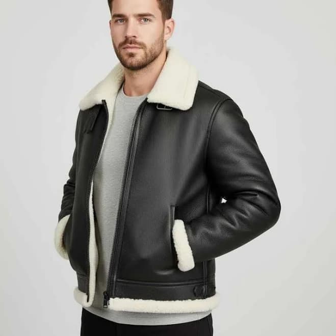 Men's Genuine Lambskin Leather Black Bomber Jacket White Fur Collar