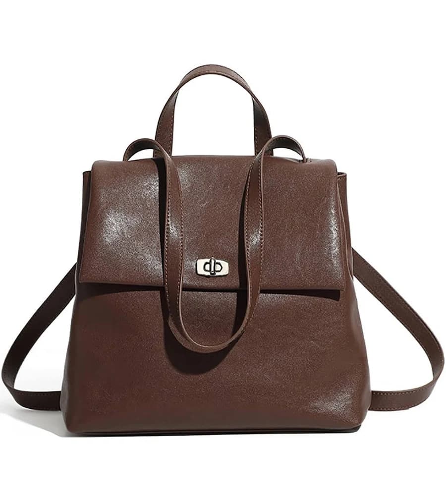 Women's Leather Flap Twist Buckle Backpack