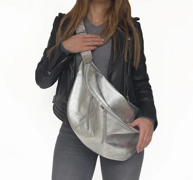 Large Metallic Silver Fanny Pack - Oversized sling bag for women - Slouchy crossbody bag - Silver bags - Metallic Handbags