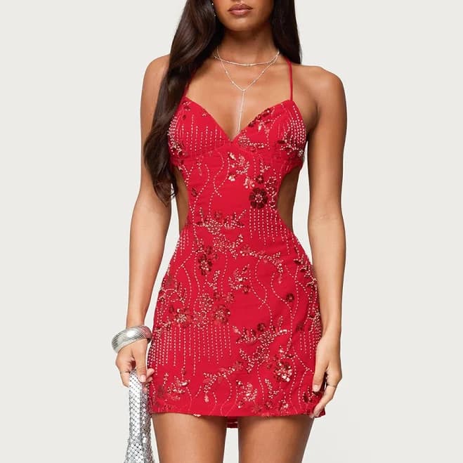 Edikted Annalee Backless Beaded Chiffon Mini Dress