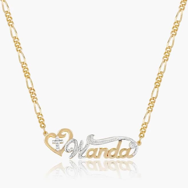 Custom Double Plated Cross Name Necklace - Gold Plated / 18" Chain (45 cm) / Figaro Chain