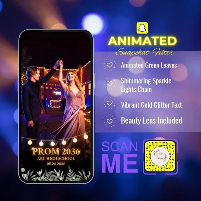 Animated Prom Snapchat Filter 2026, Twinkling Lights Graduation Lens, Custom High School Senior Prom Filter, Swaying Green leaves AR Lens