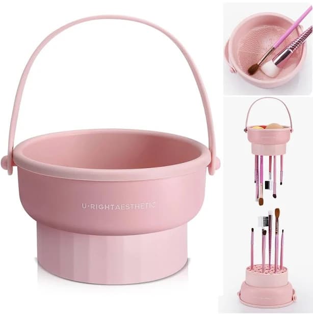 Makeup Brush Cleaner Mat 3 in 1 Silicone Makeup Brush Cleaner Bowl Cosmetic Brushes Cleaning Tool Organizer for Storage and Air Drying (Pink)