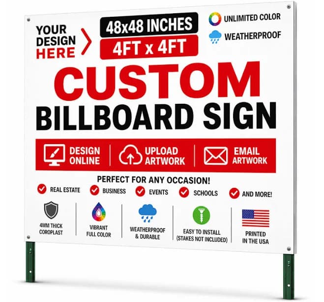 Custom Billboard Sign, Extra Large Yard Sign, 48 x 48 inch Single Side Print