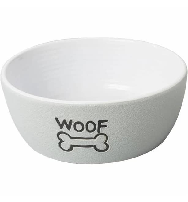 Nantucket Gray Stoneware Pet Bowl with WOOF design two-Small