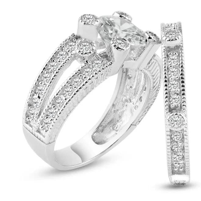 925 Rhodium Plated Pave CZ Silver Wedding Ring Set
