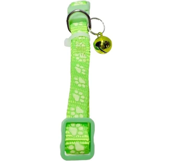 Green Cat Collar Paw Prints Jingle Bell