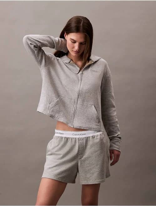 Calvin Klein Women's Icon Cotton Terry Zip Sleep Hoodie in Grey Heather | Size: L 98% Cotton/2% Polyester