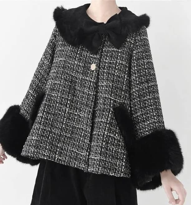 Lolita Cropped Tweed Coat with Plush Faux Fur Cuffs