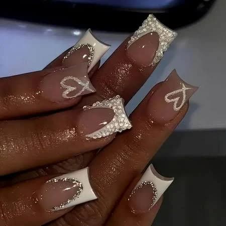 Nude Square Press on Nails Short Length,White French Tips Fake Nails with Rhinestones Design for Birthday/Bride/Holiday/Christmas/Valentine'S Day/