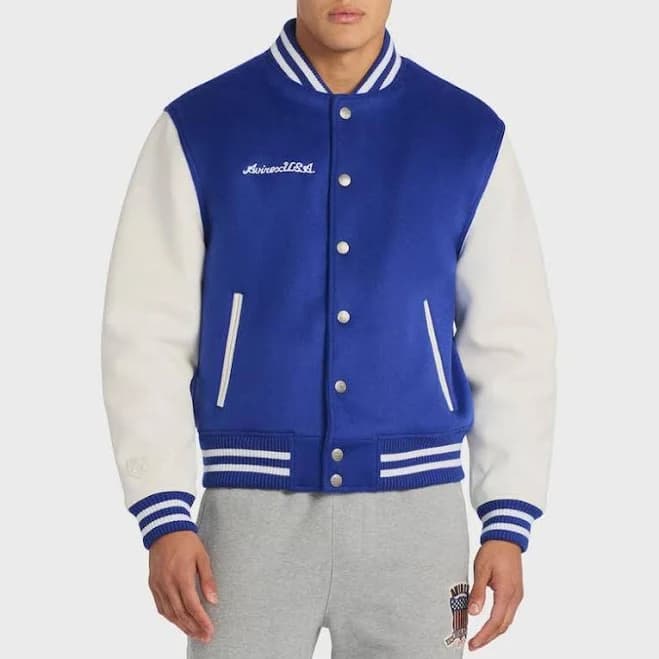 Avirex Wool Leather Varsity Jacket with Ribbed Trim