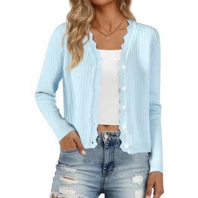 Inspire Chic Women's Cropped Long Sleeve V Neck Button Down Cardigan