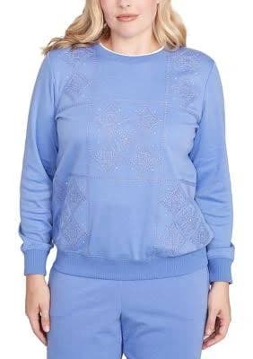 Alfred Dunner Women's Casual Vibe Embroidered Patchwork Long Sleeve Top