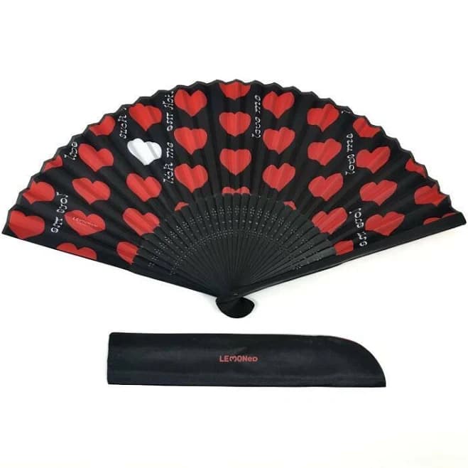 Hide With Spread Beaver Black Heart Cloth Folding Hand Fan X Japan