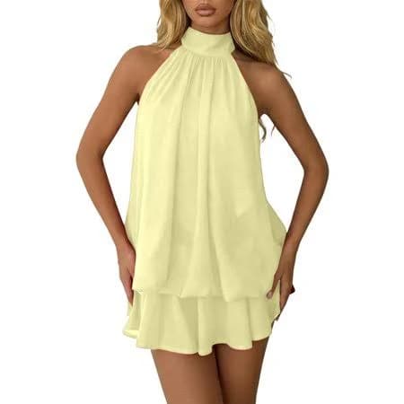 Daznico Women's Casual Halter Neck Backless Tiered Ruffle Mini Dress