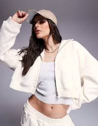 Asos Weekend Collective Weekend Collective Zip Through Cropped Hoodie Seamed With Embroidered Logo In White | ModeSens