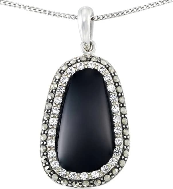 Macy's Sterling Silver Onyx Crystal & Marcasite Pendant with 18" Chain